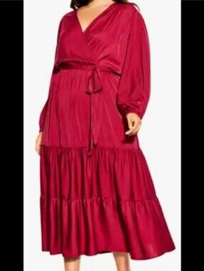 City Chic Burgundy Faux Wrap Midi Dress - Size 16